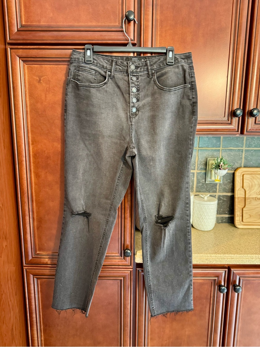 High-Rise Distressed Button-Fly Jeans - Charcoal
